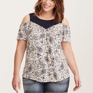 Torrid Paisley Print Eyelet Yoke Cold Shoulder Top